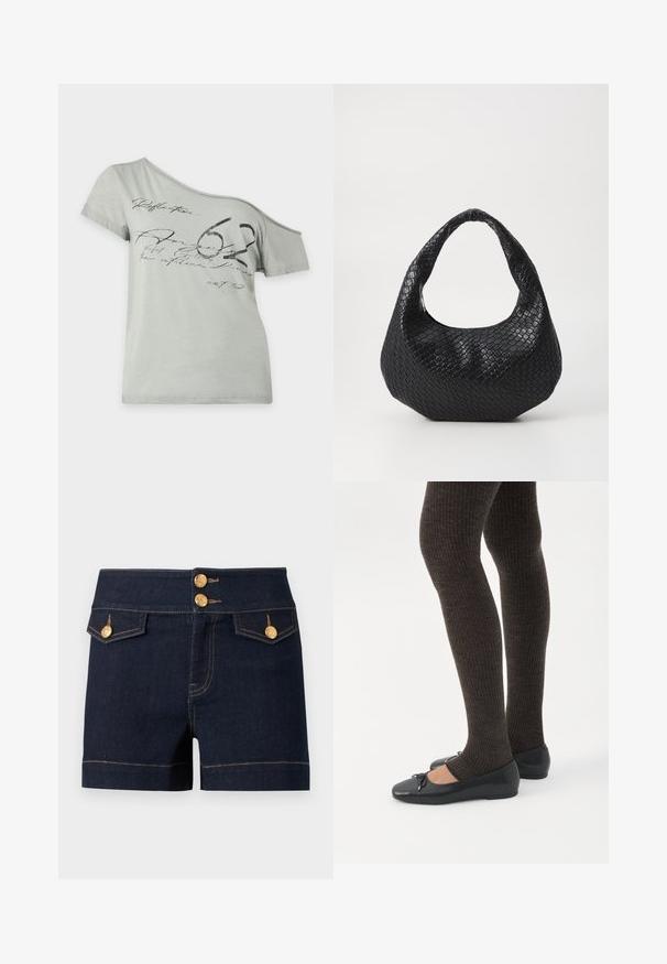 Light grey short-sleeve T-shirt with an asymmetric off-shoulder neckline and black script and large “62” graphic across the front.; Dark blue denim shorts with high waist, two front flap pockets, and gold decorative buttons on waistband and pockets.; Legs wearing dark ribbed leggings paired with black ballet flats featuring small bow details on a white background.; Black woven handbag with a curved handle, featuring a textured surface and a slouchy shape. Smooth finish with an organic silhouette.