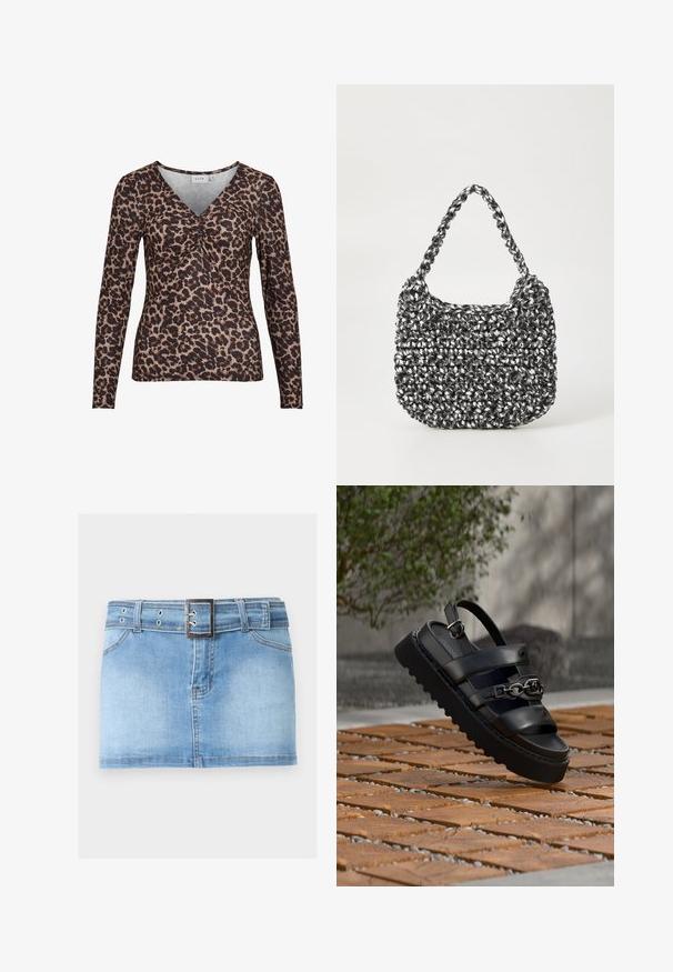 Langærmet top med leopardmotiver og V-udskæring, der har en samling i midten og er lavet af et blødt, strækbart stof.; Lyseblå denim mininederdel med forlommer, bæltestropper og et matchende denim bælte med en firkantet sølv spænde.; Sort platform sandal med tre remme, metal kædedetalje og spænde på en brun fliseoverflade udendørs med en sløret grøn plante i baggrunden.; Vævet håndtaske i sort og hvid med en rund form, tekstureret overflade og et fletet håndtag. Velegnet til afslappet brug.