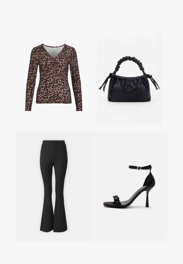 Langærmet top med leopardmotiver og V-udskæring, der har en samling i midten og er lavet af et blødt, strækbart stof.; Sorte buks med flared design lavet af strækbart stof. Har en høj talje og et glat, tætsiddende design, der flared ud fra knæet og ned.; Sort højhælet sandal med ankelrem, sølvspænde og en frontrem med en lille sløjfedetalje.; Sort taske med krokodilletekstur, rynket øverste kant, samlet hank og snore med kvaster på hver side mod en hvid baggrund.