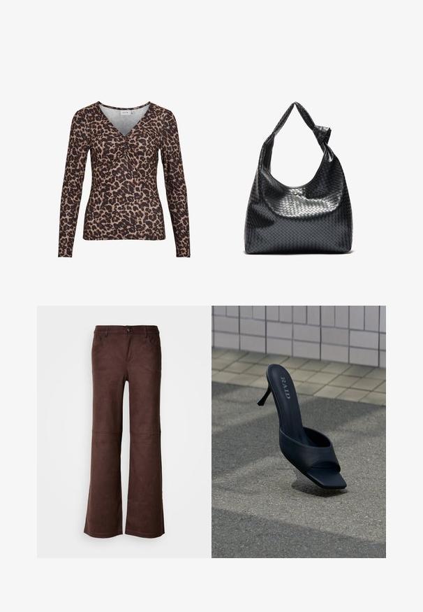 Top de manga larga con estampado de leopardo y escote en V, que presenta un detalle fruncido en el centro y está hecho de una tela suave y elástica.; Pantalones de campana marrones en un tejido suave y parecido al ante. Presentan cuatro bolsillos, un cierre de botón y una superficie lisa y texturizada.; Zapato mule negro de tacón alto con puntera abierta y marca "RAID" en la plantilla, colocado sobre pavimento gris cerca de una pared alicatada.; Bolso de cuero trenzado negro con un diseño relajado, que presenta una correa anudada y un pequeño tachuela dorada decorativa en la parte superior.