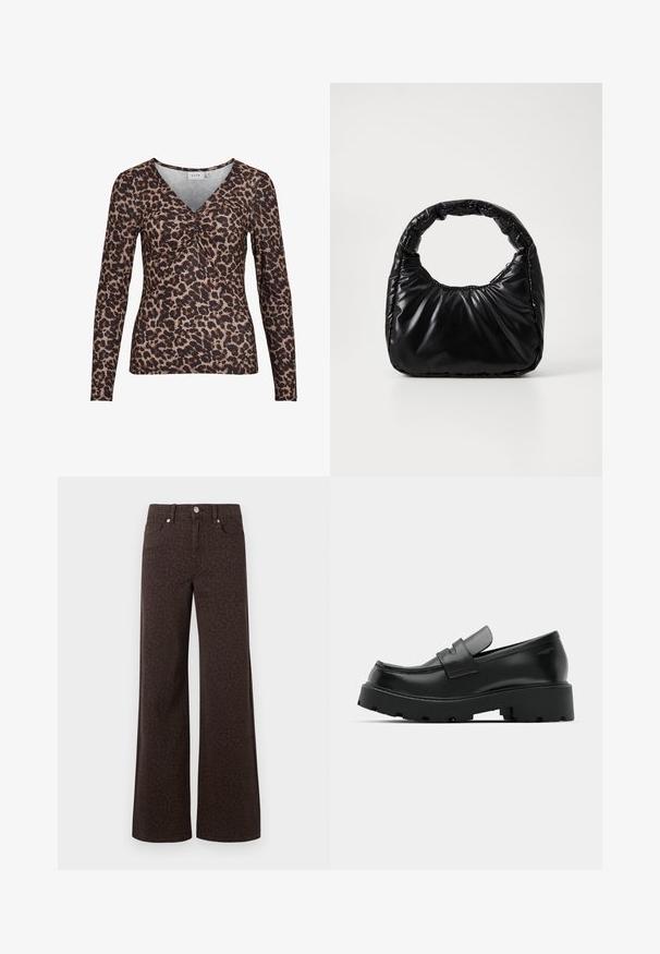 Langærmet top med leopardmotiver og V-udskæring, der har en samling i midten og er lavet af et blødt, strækbart stof.; Brune brede jeans med et subtilt leopardmønster, fremstillet i denim med en glat tekstur og klassisk fem-lommer design.; Sorte læder loafers med en chunky tekstureret sål, der har en rem over vamps og en glat, poleret finish.; Sort polstret håndtaske med et rundt håndtag, der har en glat, skinnende overflade og en blød, kviltet tekstur. Ingen synlige hardware eller accenter.