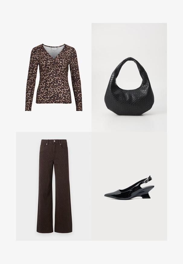Langærmet top med leopardmotiver og V-udskæring, der har en samling i midten og er lavet af et blødt, strækbart stof.; Brune brede jeans med et subtilt leopardmønster, fremstillet i denim med en glat tekstur og klassisk fem-lommer design.; Sort laklæder slingback sko med spids tå og lav vinklet blokhæl på ensartet lys baggrund.; Sort flettet håndtaske med et buet håndtag, der har en struktureret overflade og en afslappet form. Glat finish med en organisk silhuet.