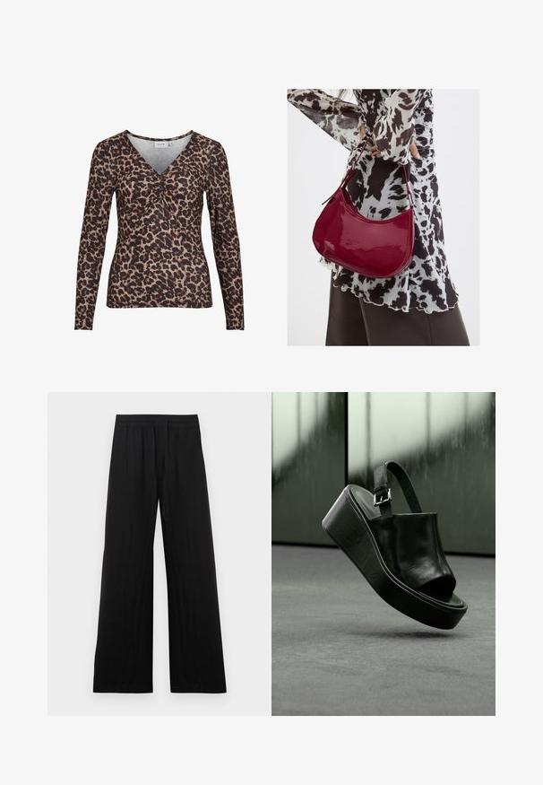 Top de manga larga con estampado de leopardo y escote en V, que presenta un detalle fruncido en el centro y está hecho de una tela suave y elástica.; Pantalones negros de pierna ancha hechos de tela de algodón. Presentan una cintura elástica y un acabado suave y texturizado. Sin patrones ni detalles visibles.; Sandalia de plataforma de piel negra con una correa ancha, puntera abierta y hebilla ajustable en el tobillo, mostrada flotando sobre una superficie gris.; Mujer con blusa de estampado en blanco y negro sosteniendo un bolso de hombro rojo brillante sobre un fondo liso.