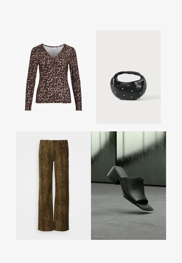 Langærmet top med leopardmotiver og V-udskæring, der har en samling i midten og er lavet af et blødt, strækbart stof.; Brune vidde-bukser med et tekstureret slangeprintmønster i sort. Har en knaplukning og traditionelt fem-lommer design.; Sort læder mule med åben tå og blokhæl, svævende over gråt tæppe mod en sløret glasbaggrund.; Sort læderhåndtaske med en rundet form, dekoreret med sølvnitter, og et kort håndtag. Glat tekstur og lynlåslukning.