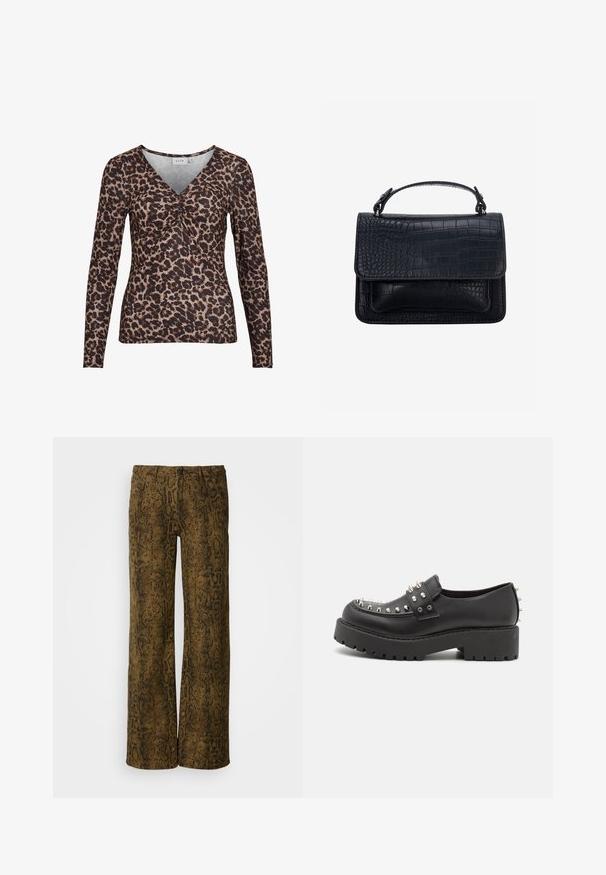 Top de manga larga con estampado de leopardo y escote en V, que presenta un detalle fruncido en el centro y está hecho de una tela suave y elástica.; Pantalones de pierna ancha marrones con un patrón de estampado de serpiente texturizado en negro. Cuenta con un cierre de botón y un diseño tradicional de cinco bolsillos.; Monki Zapatos sin cordones - black dark; Bolso negro con textura de cocodrilo, forma rectangular, solapa superior y un solo asa corta.