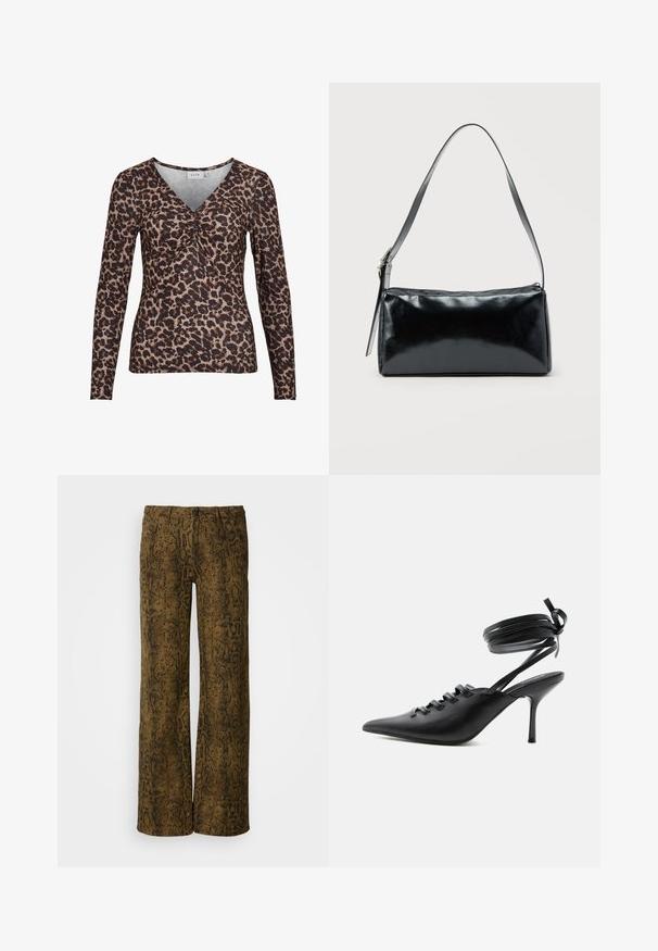 Langærmet top med leopardmotiver og V-udskæring, der har en samling i midten og er lavet af et blødt, strækbart stof.; Brune vidde-bukser med et tekstureret slangeprintmønster i sort. Har en knaplukning og traditionelt fem-lommer design.; Sort spids sko med høje hæle, snørelukning foran og omlægning omkring anklerne bundet med sløjfe, vist fra siden på hvid baggrund.; Sort rektangulær skuldertaske med en enkelt justerbar rem og lynlås i toppen på en ensfarvet baggrund.