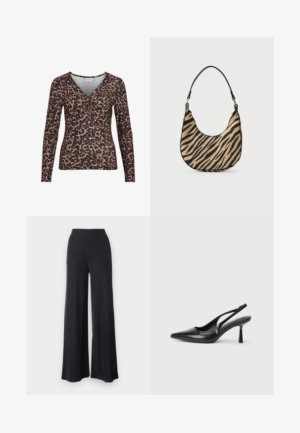 Top de manga larga con estampado de leopardo y escote en V, que presenta un detalle fruncido en el centro y está hecho de una tela suave y elástica.; Pantalones anchos negros hechos de un material suave y elástico con un brillo sutil, que cuentan con una cinturilla elástica y un ajuste holgado.; Zapato de tacón alto negro de cuero con puntera afilada y tacón delgado sobre un fondo blanco.; Bolso de hombro de estampado de cebra en beige y negro con base curva y una sola asa negra, fotografiado sobre un fondo blanco liso.