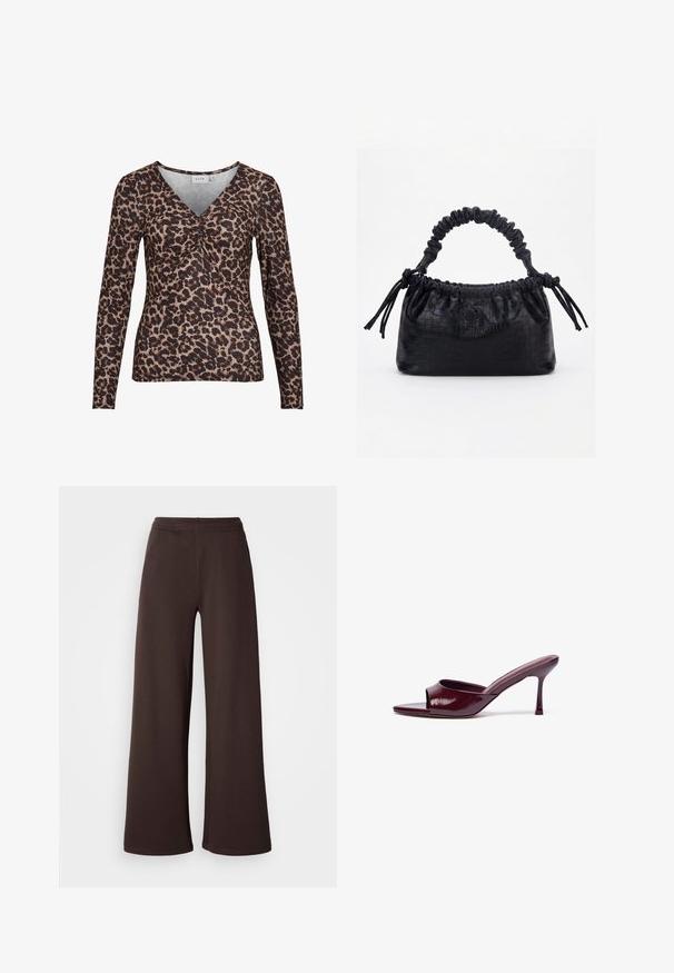 Langærmet top med leopardmotiver og V-udskæring, der har en samling i midten og er lavet af et blødt, strækbart stof.; Viddebukser i mørkebrun, lavet af blødt stof med elastisk talje og en ren kantfinish, ideelle til komfort og afslappet brug.; Burgundy patent læder åbent tå slet sandaler med en buet form og en tynd stiletto hæl. Glat tekstur med minimal detaljer.; HVISK ARCADIA MATTE TRACE - Håndtasker - black