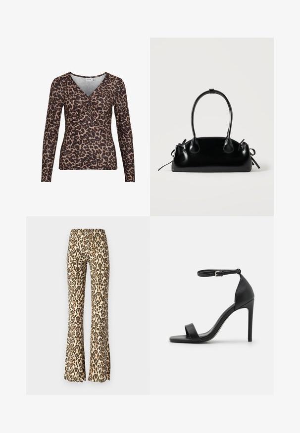 Langærmet top med leopardmotiver og V-udskæring, der har en samling i midten og er lavet af et blødt, strækbart stof.; Buketbukset i leopardprint i tan og sort, med en glat tekstur og en tætsiddende talje, der spænder ud fra knæet og ned.; Sort højhælet sandal med et sleek design, der har en ankelrem, åben tå og glat lædertekstur.; Lille sort blank håndtaske med to lange håndtag og snøre-detaljer i siden på en ensfarvet lys baggrund.