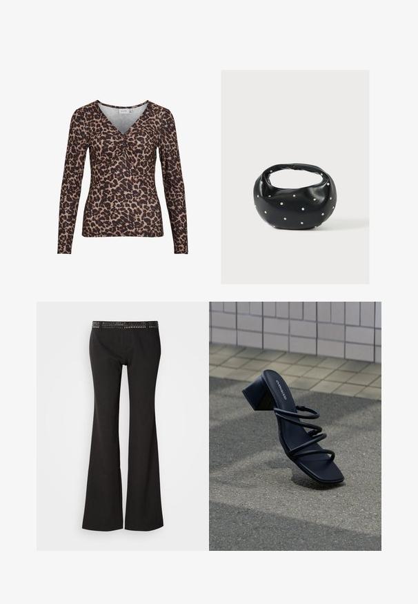 Top de manga larga con estampado de leopardo y escote en V, que presenta un detalle fruncido en el centro y está hecho de una tela suave y elástica.; Pantalones negros acampanados con una cintura texturizada que presenta tachuelas metálicas. La tela tiene un brillo sutil y un acabado suave.; Sandalia negra con punta cuadrada, tres tiras finas y tacón grueso sobre pavimento cerca de pared de azulejos.; Bolso de mano de cuero negro con forma redondeada, decorado con detalles de tachuelas plateadas y un asa corta. Textura lisa y cierre con cremallera.