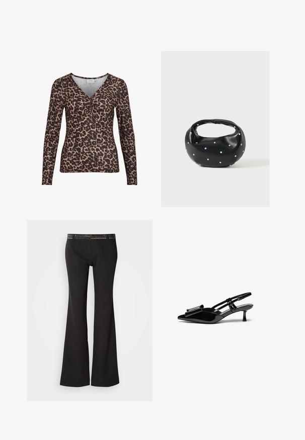 Langærmet top med leopardmotiver og V-udskæring, der har en samling i midten og er lavet af et blødt, strækbart stof.; Sorte flagrende bukser med en tekstureret linning med metalnitter. Stoffet har en subtil glans og en glat overflade.; Sorte patenterede læderslingbacks med spids tå, en sløjfedetalje foran og en lille stilettohæle. Remmene har justerbare spænder.; Sort læderhåndtaske med en rundet form, dekoreret med sølvnitter, og et kort håndtag. Glat tekstur og lynlåslukning.
