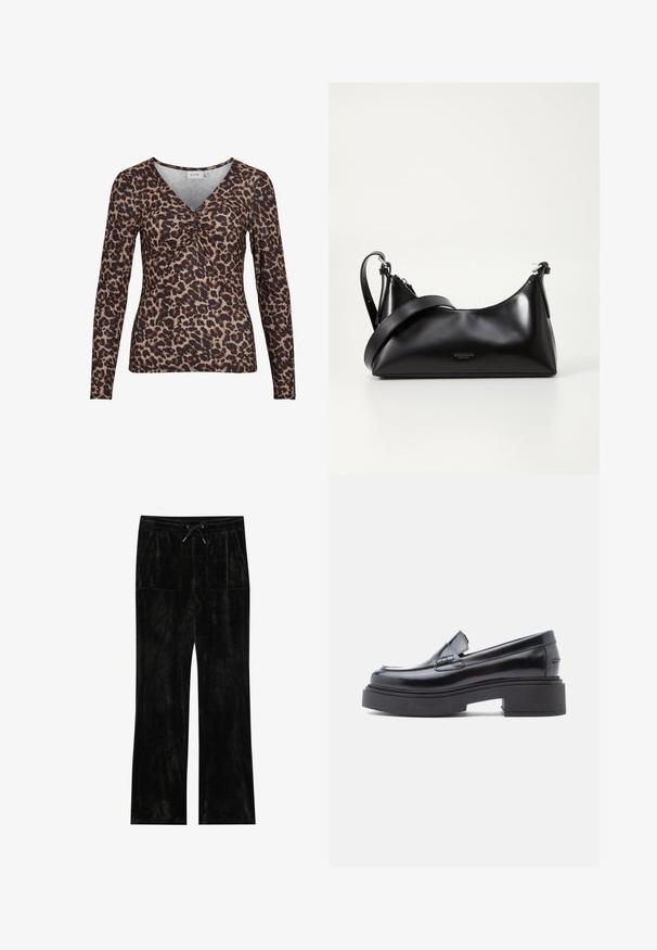 Top de manga larga con estampado de leopardo y escote en V, que presenta un detalle fruncido en el centro y está hecho de una tela suave y elástica.; Pantalones de terciopelo negro con una textura suave, diseño de pierna ancha, cinturilla elástica, cierre de cordón y dos bolsillos delanteros.; Mocasines de cuero negro con puntera redondeada, que presentan una suela de plataforma elevada y una simple correa decorativa en el empeine. Acabado suave.; Bolso de mano de cuero negro con una textura suave. Cuenta con una correa ajustable y un diseño elegante y minimalista con cierre de cremallera.