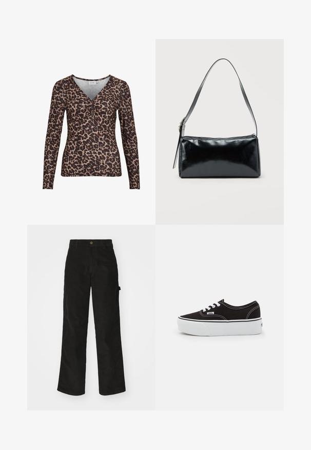 Langærmet top med leopardmotiver og V-udskæring, der har en samling i midten og er lavet af et blødt, strækbart stof.; Sorte kordfløjsbukser med et lige ben-design, der har en knaplukning og sidelommer. Glat tekstur med fine lodrette striber.; Sort lærred sneakers med en hvid gummi platform sål, der har hvide snørebånd og syninger, ikonisk branding på siden, lav-top design.; Sort rektangulær skuldertaske med en enkelt justerbar rem og lynlås i toppen på en ensfarvet baggrund.