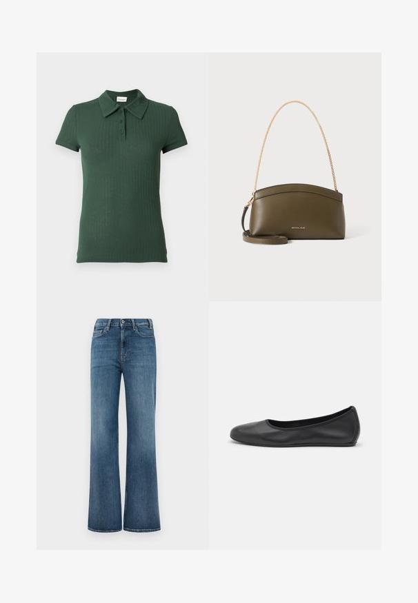 Polo côtelé vert foncé avec col, manches courtes et patte à trois boutons. Matière douce, légère avec une finition texturée.; Jean en denim bleu avec une coupe large, fermeture à bouton et à zipper, et poches avant et arrière, présentés sur un fond blanc uni.; Ballerines en cuir noir avec un bout rond, texture lisse, détails de couture minimalistes et design de semelle flexible.; Sac à main Michael Kors vert olive avec bandoulière en chaîne dorée, dessus courbé et petit logo doré sur le devant, présenté sur fond blanc.