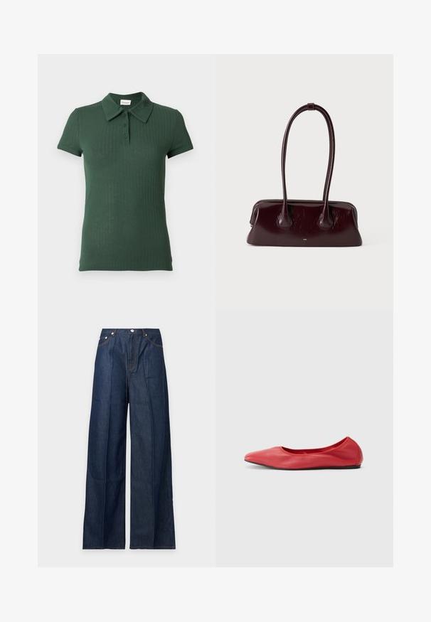 Polo côtelé vert foncé avec col, manches courtes et patte à trois boutons. Matière douce, légère avec une finition texturée.; Jean en denim bleu foncé à jambes larges avec poches avant, passants de ceinture et fermeture par bouton, présenté sur un fond clair uni.; Filippa K REY FLATS - Ballerines - bright red; Sac à main en cuir brun foncé brillant avec de longues anses fines et une base rectangulaire structurée sur un fond clair uni.