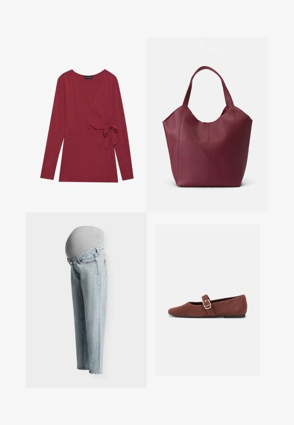 Langsleeve, wikkeltop in diep rode stof. Heeft een V-halslijn en een zijdelings knoopdetail. Zachte textuur en een getailleerde silhouet.; Lichtblauwe zwangerschapsjeans met een rekbare grijze paneel die de zwangere buik bedekt, gezien van opzij op een effen achtergrond.; Bruine suède Mary Jane platte schoen met een gouden gespsluiting en zwarte zool op een witte achtergrond.; Bordeaux lederen tote bag met twee stevige handvatten, met een gladde textuur en een taps toelopend ontwerp met naaddetail op de voorkant.