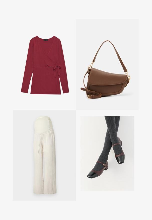 Langsleeve, wikkeltop in diep rode stof. Heeft een V-halslijn en een zijdelings knoopdetail. Zachte textuur en een getailleerde silhouet.; Lichtbeige zwangerschapsbroeken met een relaxte pasvorm, elastische tailleband en een zacht, rekbaar buikondersteuningspaneel. Gemaakt van een lichtgewicht, ademend materiaal.; Bordeaux leren Mary Jane-schoenen met een zwarte laktoecap en dunne enkelband; gedragen met donkergrijze geribde sokken. Lage blokhak.; Bruine leren schoudertas met een gestructureerde afwerking, gebogen vorm, hardware in goudkleur, verstelbare schouderband en klepafsluiting.