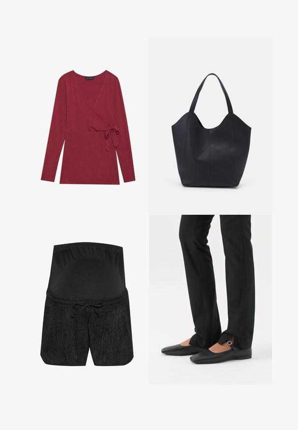 Top de manga larga, en estilo envolvente, de color rojo oscuro. Presenta un escote en V y un detalle de lazo en el costado. Textura suave y silueta ajustada.; Pantalones cortos de maternidad negros con un diseño texturizado, cintura con cordón y una cinturilla elástica y suave. Tela suave para mayor comodidad.; Piernas con pantalones ajustados negros con aberturas frontales en el dobladillo, combinados con zapatos planos Mary Jane negros con una pequeña correa con hebilla.; Bolso tote negro fabricado en cuero liso, con un diseño minimalista que presenta un borde superior curvado y dos asas para el hombro.