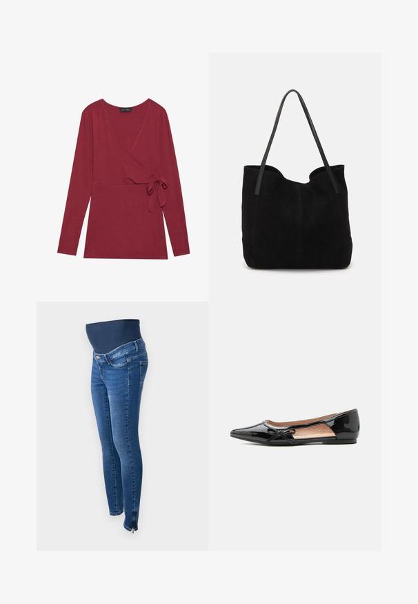 Langsleeve, wikkeltop in diep rode stof. Heeft een V-halslijn en een zijdelings knoopdetail. Zachte textuur en een getailleerde silhouet.; Zwangerschapsjeans in donkerblauwe denim. Slim fit met een rekbare, ondersteunende buikband. Voorzien van zijritsen bij de enkel.; Zwarte lakleren puntige platte schoen met zijuitsnijding en kleine decoratieve strik aan de buitenrand.; Zwarte suede tote bag met twee lange, platte leren handvatten. Heeft een gebogen bovenrand en zichtbare stiksels aan de voorkant. Geen hardware-accenten.