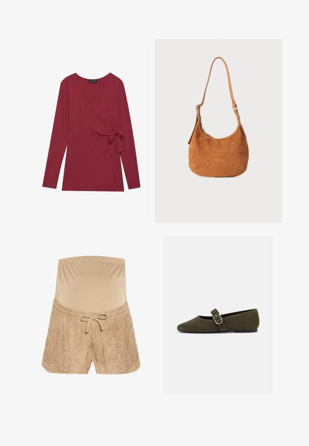 Top de manga larga, en estilo envolvente, de color rojo oscuro. Presenta un escote en V y un detalle de lazo en el costado. Textura suave y silueta ajustada.; Pantalones cortos beige con banda elástica en la cintura, detalle de cordón y tejido texturizado que presenta un patrón de rayas verticales.; Zapato plano Mary Jane de ante verde oliva con hebilla de plata y punta redondeada, mostrado sobre un fondo blanco.; Bolso de hombro de ante marrón claro con un diseño curvado, correa ajustable, cremallera metálica y detalle de logo en relieve en la parte frontal.