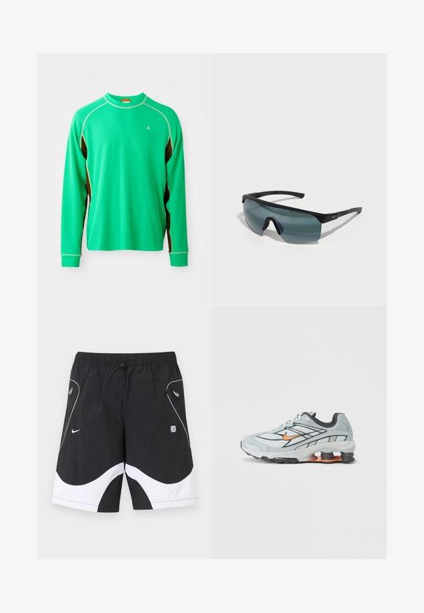 Langemmouwige groene sportshirt van textuurstof, met contrasterende bruine zijaccenten en witte stiksels langs de kraag en naden.; Zwart-witte Nike sportshorts met elastische tailleband, trekkoord, ritszakken aan de zijkant en reflecterende afwerking op de voorkanten.; Lichtgrijze hardloopschoen met zwarte accenten, oranje logo, bovenwerk van mesh, gevoerde kraag en rubberen zool met zichtbare schokabsorberende elementen.; Sportzonnebril met een zwart frame, grote grijze lenzen en een wraparound ontwerp. Beschikt over een opvallende neusbrug en textuur op de pootjes.