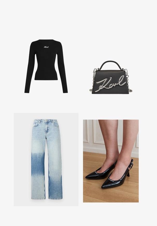 Sort ribbet langærmet top med rund halsudskæring. Har et hvidt broderet logo på midten foran. tætsiddende silhuet.; Lyseblå denimjeans med en bred ben-design, der har en gradientfarvefade fra lys til mørkeblå, fem lommer og knaplukning.; Sorte laklæder stiletter med spids tå og KARL LAGERFELD mærket rem, båret på fødder, der står på trægulv.; Sort læderhandtaske med trekantet form, sølvfarvet kædehåndtag og den fremtrædende "Karl"-logo i metallisk skrift over fronten.