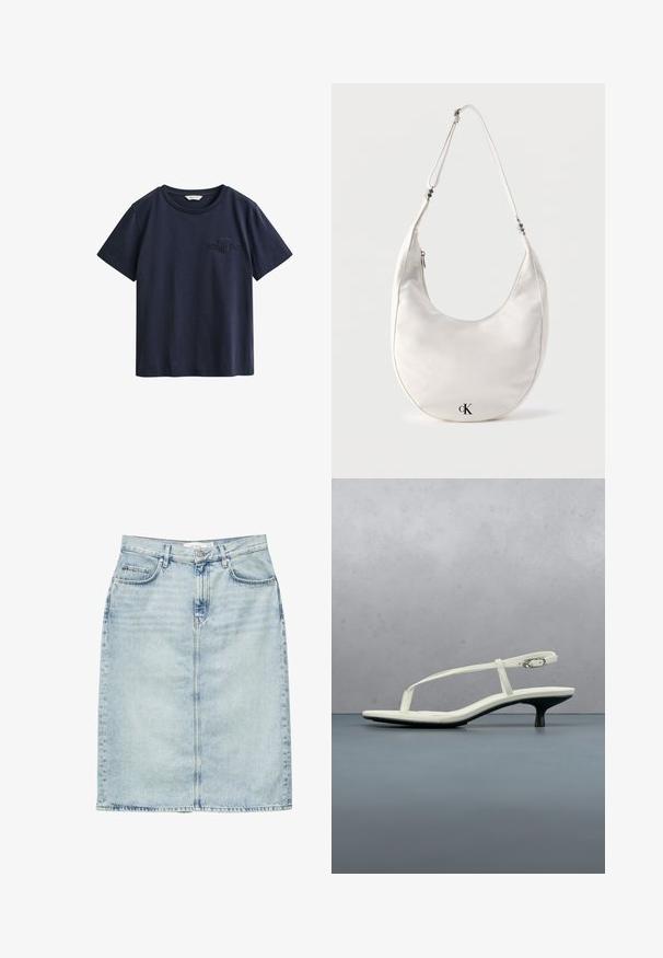 Camiseta de algodón azul marino de manga corta con cuello redondo y pequeño logo bordado de GANT en el pecho izquierdo.; Falda vaquera azul claro hasta la rodilla con bolsillos delanteros, trabillas para cinturón y cierre de botones.; Sandalia blanca de tacón kitten con tiras y punta afilada, flotando sobre un suelo de baldosas de madera al aire libre, con un fondo desenfocado de plantas y pared.; Bolso de hombro blanco en forma de media luna con correa ajustable y logo negro "cK" cerca del centro inferior sobre fondo liso.