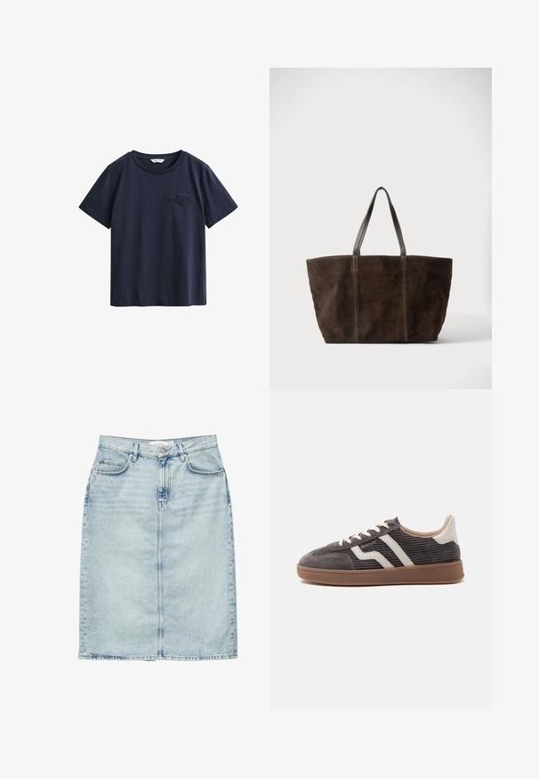Camiseta de algodón azul marino de manga corta con cuello redondo y pequeño logo bordado de GANT en el pecho izquierdo.; Falda vaquera azul claro hasta la rodilla con bolsillos delanteros, trabillas para cinturón y cierre de botones.; Zapatilla deportiva individual de color gris oscuro con detalles en cuero blanco, laterales texturizados, cordones blancos y suela de goma marrón, mostrada de perfil sobre un fondo liso.; Bolso tote de ante marrón oscuro con dos asas de cuero negro y detalles de costura vertical, mostrado sobre un fondo claro y liso.