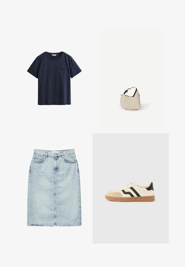 Camiseta de algodón azul marino de manga corta con cuello redondo y pequeño logo bordado de GANT en el pecho izquierdo.; Falda vaquera azul claro hasta la rodilla con bolsillos delanteros, trabillas para cinturón y cierre de botones.; Zapatillas con cordones que presentan una parte superior color crema con rayas negras y una puntera de ante, complementadas con una suela de goma marrón.; Bolso de cuero beige en forma de media luna con una sola correa para el hombro y costuras mínimas, colocado sobre un fondo blanco liso.