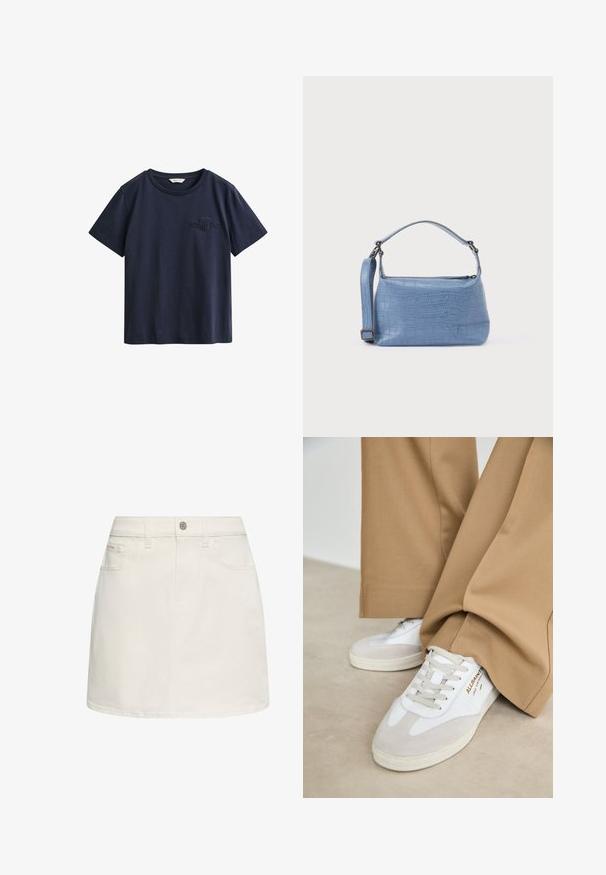 Camiseta de algodón azul marino de manga corta con cuello redondo y pequeño logo bordado de GANT en el pecho izquierdo.; Minifalda blanca de denim con trabillas para cinturón, cierre frontal de botones y dos bolsillos delanteros.; Zapatillas blancas con detalles de ante, cordones texturizados y suela de goma. Combinadas con un pantalón suelto en tono marrón claro. Logo exhibido en el lateral.; Bolso azul claro con relieve de cocodrilo, asa corta y correa de hombro desmontable. Textura lisa con cierre de cremallera.