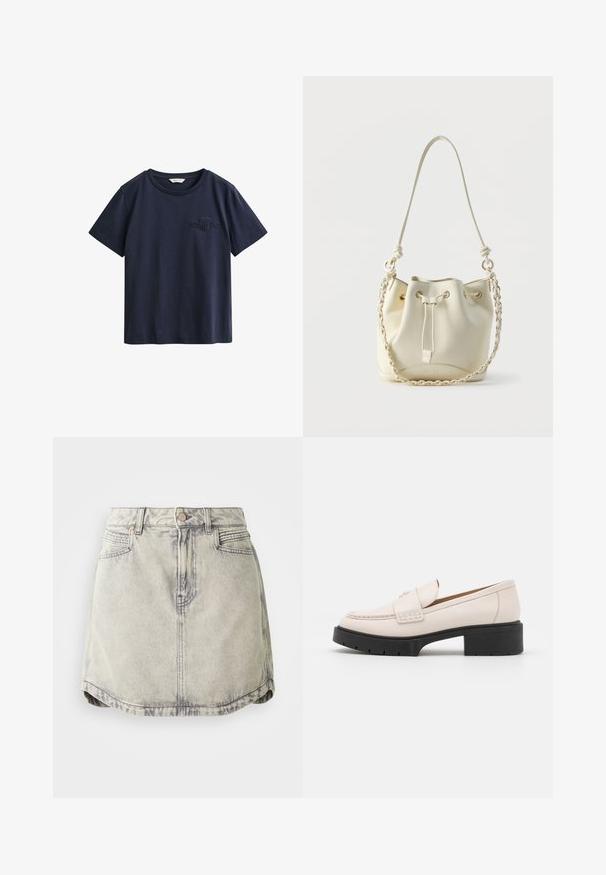 Marineblauw katoenen T-shirt met korte mouwen, ronde hals en klein geborduurd GANT-logo op de linkerborst.; Denim rok in lichtgrijs met een vervaagde textuur, voorzien van een knoopsluiting in de taille, voorzakken en een licht gebogen zoom.; Lichtbeige leren loafers met een gestikte voorkant en een textuur met een zwarte plateauhak. Beschikt over een gebogen ontwerp en een lichte verhoging.; Crèmekleurige leren buideltas met trekkoordsluiting, gevlochten ketting- en leren schouderriem, en goudkleurige oogringen.
