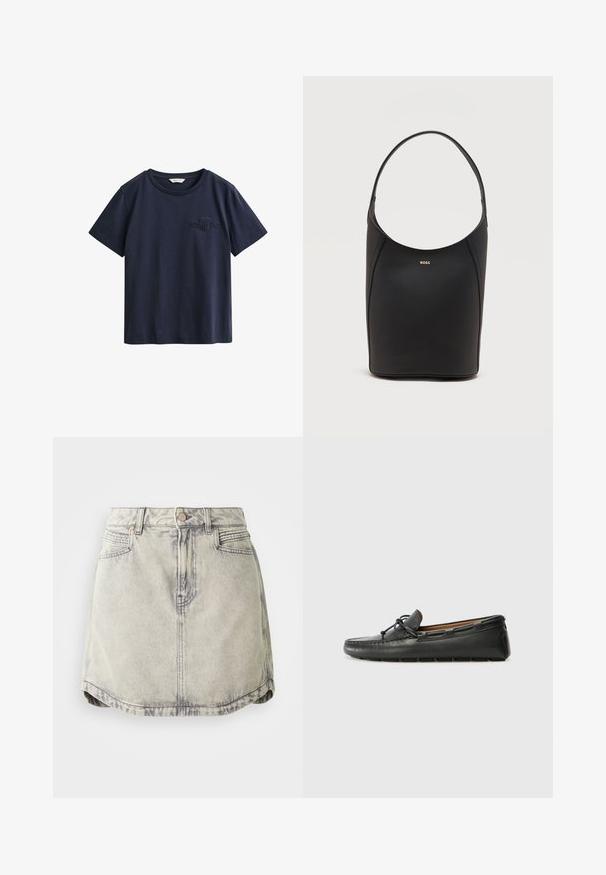 Camiseta de algodón azul marino de manga corta con cuello redondo y pequeño logo bordado de GANT en el pecho izquierdo.; Falda de denim en gris claro con textura desgastada, que cuenta con una cinturilla abotonada, bolsillos frontales y un dobladillo ligeramente curvado.; Zapato náutico de cuero negro con punta redondeada, detalles de costura, pequeño lazo decorativo y suela de goma. Textura suave y diseño aerodinámico.; Bolso de cuero negro tipo saco con una sola correa para el hombro y pequeño logo dorado de BOSS centrado cerca de la parte superior frontal.