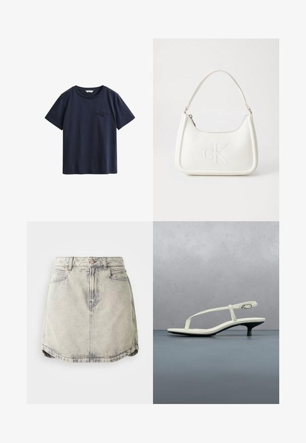 Camiseta de algodón azul marino de manga corta con cuello redondo y pequeño logo bordado de GANT en el pecho izquierdo.; Falda de denim en gris claro con textura desgastada, que cuenta con una cinturilla abotonada, bolsillos frontales y un dobladillo ligeramente curvado.; Sandalia blanca de tacón kitten con tiras y punta afilada, flotando sobre un suelo de baldosas de madera al aire libre, con un fondo desenfocado de plantas y pared.; Bolso de mano de cuero blanco con forma curvada, con un logo "CK" en relieve en la parte delantera y una sola correa para el hombro. Cierre de cremallera en la parte superior.