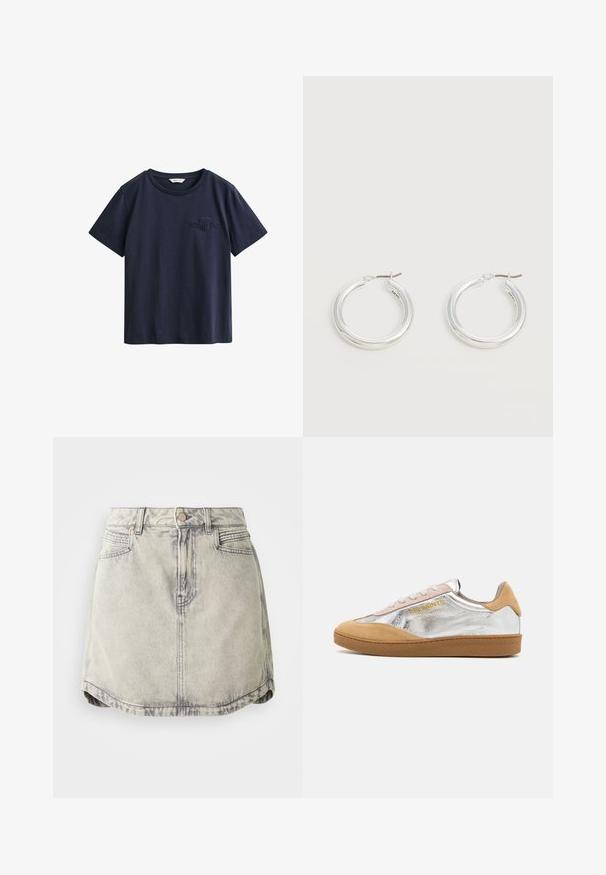 Camiseta de algodón azul marino de manga corta con cuello redondo y pequeño logo bordado de GANT en el pecho izquierdo.; Falda de denim en gris claro con textura desgastada, que cuenta con una cinturilla abotonada, bolsillos frontales y un dobladillo ligeramente curvado.; Zapatillas de ante plateadas y beige con suela de goma textura, cordones beige y un logotipo impreso en amarillo en el lateral.; Par de pendientes de aro plateados brillantes de tamaño mediano con cierres metálicos finos sobre un fondo neutro claro.