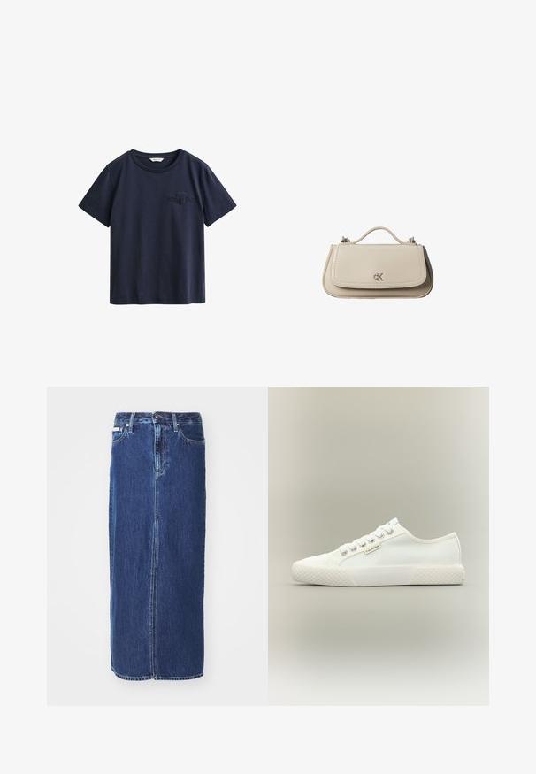 Marineblauw katoenen T-shirt met korte mouwen, ronde hals en klein geborduurd GANT-logo op de linkerborst.; Donkerblauwe denim rok tot op de knie, met een vooruitsnijding, traditionele tailleband en vijf zakken met contrasterende stiksels.; Witte lage canvas sneaker met een getextureerde rubberen zool, witte veters en een klein Calvin Klein-label aan de zijkant.; Kleine beige leren handtas met bovenhandvat en zilveren CK-logo op de voorflap, getoond tegen een witte achtergrond.