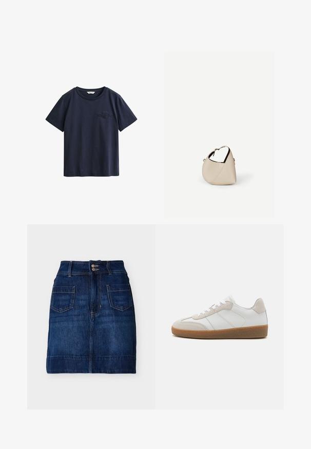 Marineblauw katoenen T-shirt met korte mouwen, ronde hals en klein geborduurd GANT-logo op de linkerborst.; Donkerblauwe denim rok met voorzakken, dubbele knoopsluiting, riemlussen en zichtbare stiksels, plat gelegd op een witte achtergrond.; Witte leren sneakers met beige suède accenten, een gestructureerde tong en een rubberen zool. Voorzien van witte veters en subtiele gestikte details.; Beige leren handtas in halvemaanvorm met een enkele schouderband en minimale stiksels, afgebeeld tegen een effen witte achtergrond.