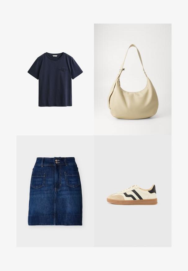 Marineblauw katoenen T-shirt met korte mouwen, ronde hals en klein geborduurd GANT-logo op de linkerborst.; Donkerblauwe denim rok met voorzakken, dubbele knoopsluiting, riemlussen en zichtbare stiksels, plat gelegd op een witte achtergrond.; Vetersneakers met een crèmekleurig bovenwerk met zwarte strepen en een suède neuskapje, gecombineerd met een bruine rubberen zool.; Beige leren schoudertas met een gebogen vorm, verstelbare schouderband en reliëf logo detail, met een gladde textuur en een minimalistisch ontwerp.