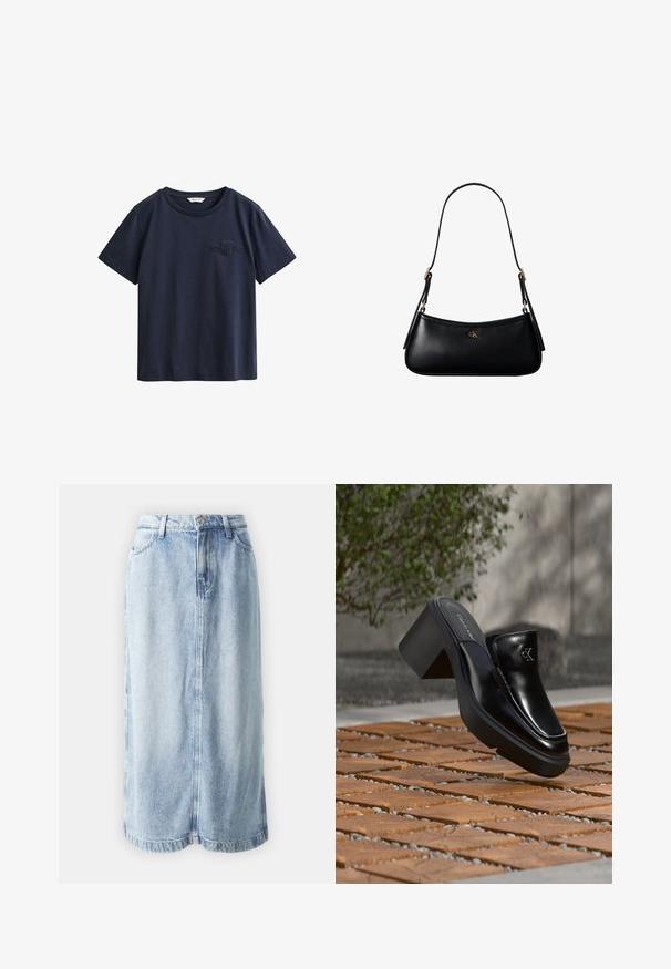 Camiseta de algodón azul marino de manga corta con cuello redondo y pequeño logo bordado de GANT en el pecho izquierdo.; Falda de mezclilla en azul claro, con corte recto, trabillas para cinturón, bolsillos delanteros y costuras visibles a lo largo del dobladillo y las costuras.; Mule tipo slip-on de cuero negro de Calvin Klein con tacón de bloque descansando sobre baldosas de madera al aire libre cerca de una planta verde y una pared gris.; Mini bolso negro de cuero para hombro con correa delgada y pequeño logo dorado CK en el centro frontal.