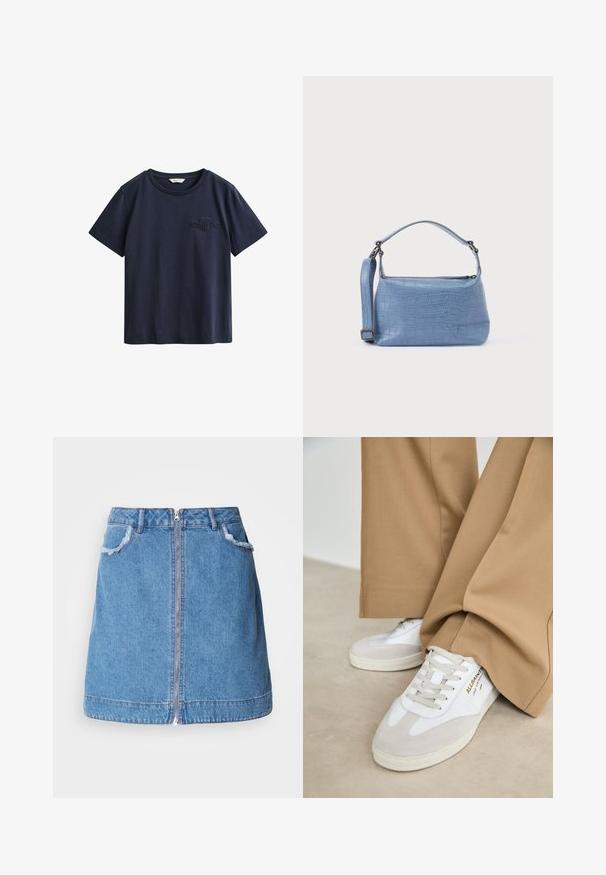 T-shirt en coton bleu marine à manches courtes avec un col rond et un petit logo GANT brodé sur la poitrine gauche.; Jupe en jean bleu clair avec une fermeture éclair à l'avant, des bords des poches effilochés et une coupe droite. L'ourlet est légèrement arrondi.; Baskets blanches avec des accents en daim, des lacets texturés et une semelle en caoutchouc. Associées à un pantalon beige ample. Logo affiché sur le côté.; Sac à main bleu clair embossé façon crocodile avec une poignée courte et une bandoulière amovible. Texture lisse avec une fermeture éclair.