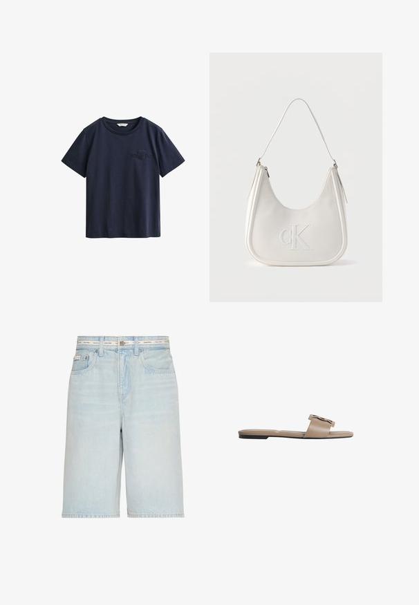 Camiseta de algodón azul marino de manga corta con cuello redondo y pequeño logo bordado de GANT en el pecho izquierdo.; Pantalones cortos vaqueros azul claro con bolsillos delanteros y trabillas para el cinturón, con una banda blanca con la marca "Calvin Klein".; Sandalia plana beige tipo slide con una tira ancha que presenta un detalle decorativo perforado y suela delgada negra.; Bolso de hombro de cuero blanco con cierre de cremallera, forma curva y logo CK en relieve en la parte delantera.