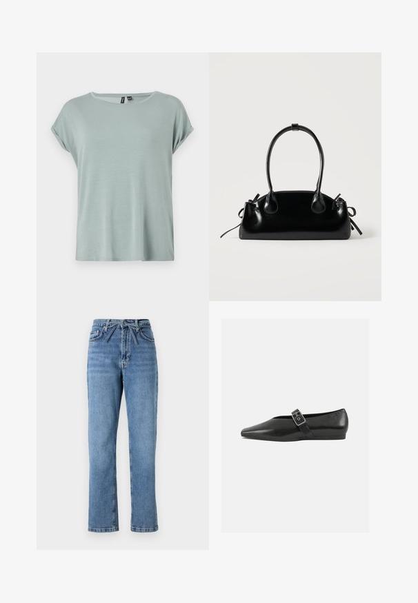 T-shirt vert clair au fit décontracté, à manches courtes retroussées et à encolure ronde. Texture douce et lisse avec un design légèrement ample.; Jean en denim bleu clair avec une coupe droite, taille haute, présentant un nœud à l'avant et un design classique à cinq poches. Surface texturée avec un léger délavage.; Chaussure plate en cuir noir avec un orteil pointu, présentant une sangle à boucle métallique sur le cou-de-pied et une semelle basse et flexible.; Petit sac à main noir brillant avec deux longues anses et des détails à cordon sur les côtés sur un fond clair uni.