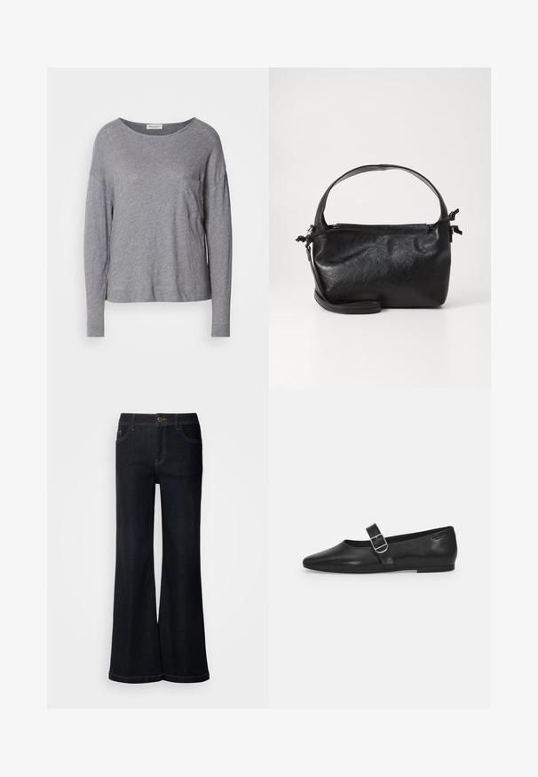 Lys grå langærmet skjorte med rund halsudskæring og en lille brystlomme, præsenteret på en hvid baggrund.; Mos Mosh MMDARA DELUXE JEANS - Jeans Relaxed Fit - dark blue; Sorte læder flade sko med rund tå, et enkelt justerbart spænde og en glat, blank overflade. Minimalistisk design med en lav hæl.; Sort læderhåndtaske med et struktureret design, rund tophåndtag og aftagelig skulderrem. Den har en glat tekstur og en subtil glans.