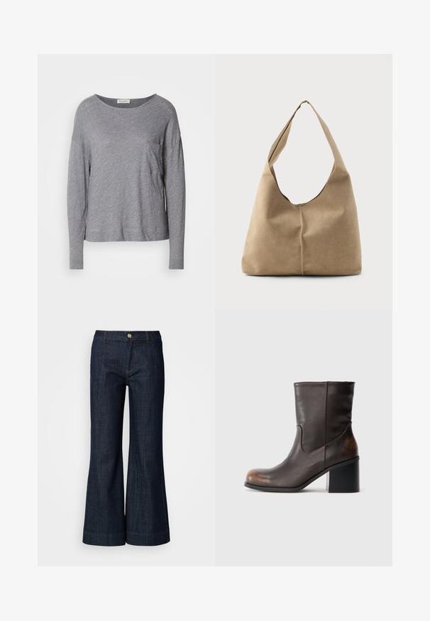 Lys grå langærmet skjorte med rund halsudskæring og en lille brystlomme, præsenteret på en hvid baggrund.; Mørk vaskede denimjeans med en flagrende design, der har en knaplukning, orange syninger og opfoldede sømme. Glat tekstur og klassisk stil.; Mørkebrune læderstøvler til midt på læggen med rund tå og blokhæl, der viser subtile slidte detaljer på tå- og hælområder.; Hobo taske i blød beige ruskind med en afslappet form, bred skulderrem og håndsyet sømdetalje langs fronten.