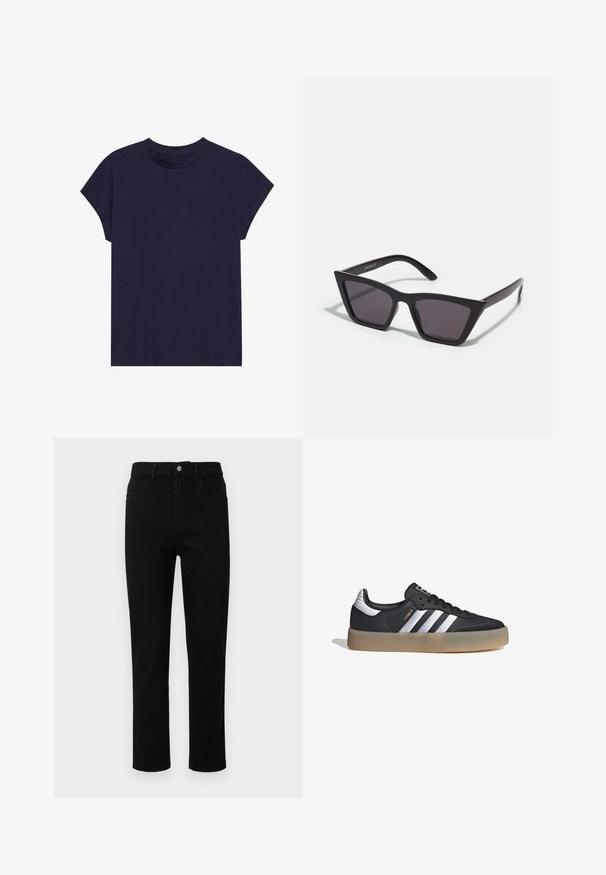 Camiseta de algodón azul marino con escote redondo y mangas cortas, con un ajuste holgado y textura suave. Sin patrones ni acentos.; Jeans de denim negro con un ajuste recto, presillas para el cinturón y diseño de cinco bolsillos. Presenta un cierre delantero con botón y un detalle tradicional de costura.; Zapatilla deportiva de cuero negro con tres rayas plateadas, punta texturizada y suela de goma. Cuenta con un collar acolchado y un diseño con cordones.; Gafas de sol negras y angulares con lentes grises; fabricadas en plástico, con varillas gruesas de superficie suave y sin herrajes visibles.