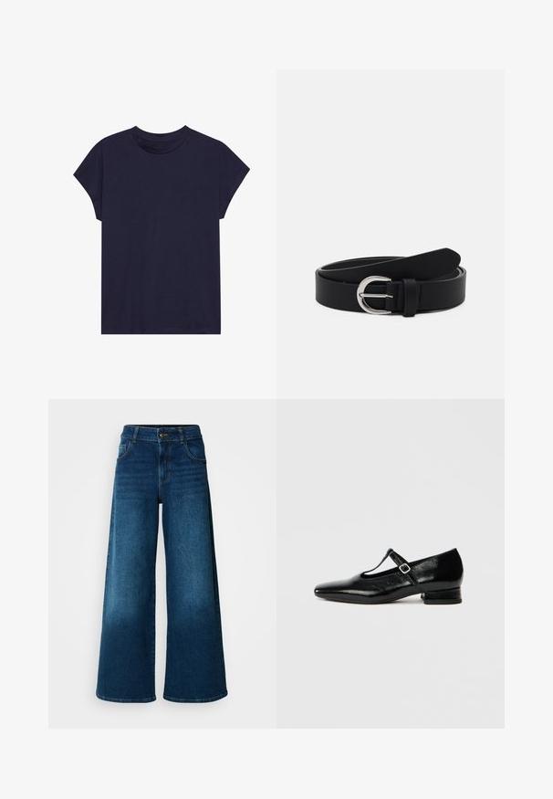 Camiseta de algodón azul marino con escote redondo y mangas cortas, con un ajuste holgado y textura suave. Sin patrones ni acentos.; Jeans de pierna ancha hechos de denim azul oscuro. Presentan una cintura alta, cierre de botón y un diseño clásico de cinco bolsillos con un ligero desgaste.; Zapatos Mary Jane de cuero negro con punta puntiaguda, tacón pequeño de bloque y correa ajustable con hebilla plateada. Textura lisa y brillante.; Cinturón de cuero negro con una hebilla redonda plateada, diseño plano, extremo cónico, textura suave y estilo minimalista.