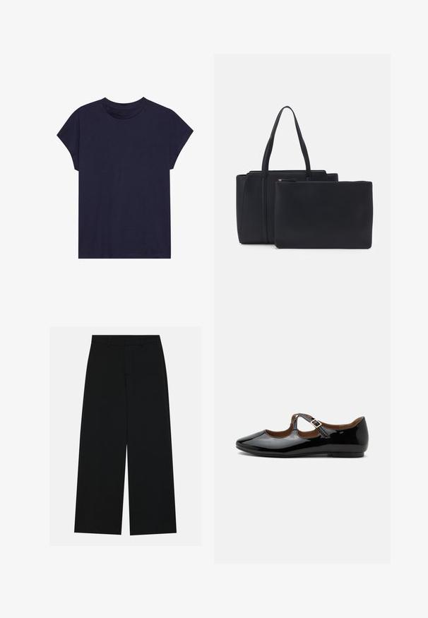 T-shirt en coton bleu marine à col rond et manches courtes, avec une coupe décontractée et une texture lisse. Pas de motifs ni d'accents.; Pantalons noirs à jambe large en tissu lisse. Dotés d'une taille plate avec passants de ceinture et sans poches visibles. Design simple.; Chaussure plate Mary Jane en cuir verni noir avec deux découpes et une bride à boucle dorée sur fond blanc.; Sac fourre-tout en cuir noir avec deux poignées, présentant une forme structurée et une pochette zippée séparée. Texture lisse avec un grain subtil.