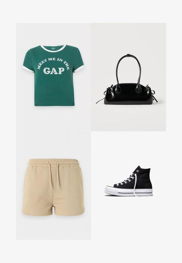 T-shirt en coton vert avec un col blanc et des accents de manches blancs. Présente "REJOINS-MOI DANS LE CREUX" en grosses lettres scintillantes sur le devant.; Short beige en coton avec taille élastique et cordon à l’avant, conçu pour un usage décontracté.; Baskets montantes en toile noire avec semelle en caoutchouc blanche et lacets blancs, vues de côté sur un fond blanc.; Petit sac à main noir brillant avec deux longues anses et des détails à cordon sur les côtés sur un fond clair uni.
