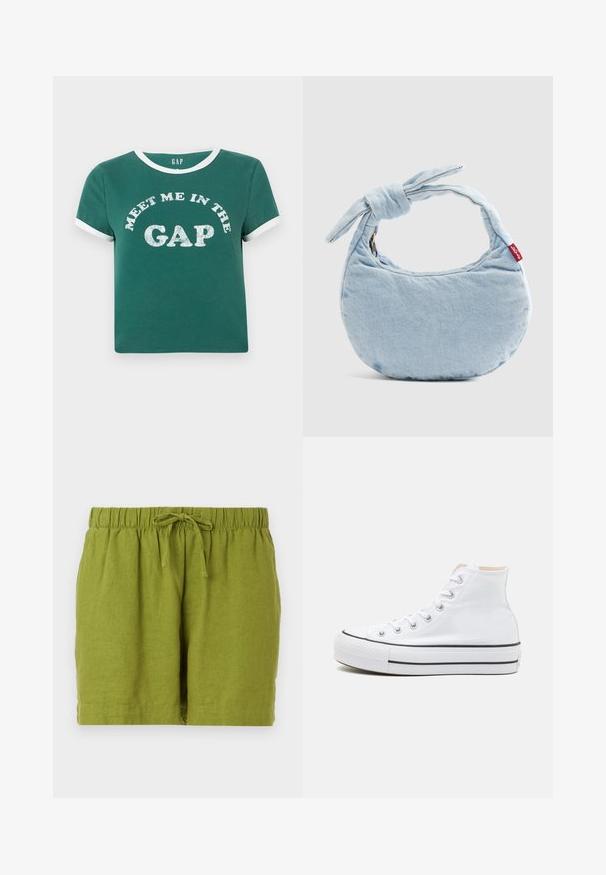 T-shirt en coton vert avec un col blanc et des accents de manches blancs. Présente "REJOINS-MOI DANS LE CREUX" en grosses lettres scintillantes sur le devant.; Shorts en lin verts avec une taille élastique et un cordon de serrage ajustable, présentant une coupe décontractée et un ourlet droit.; Baskets montantes blanches en toile, semelle en caoutchouc noir et bande noire contrastante sur la semelle intermédiaire. Bout rond et design à lacets.; Sac à bandoulière en denim bleu clair avec un détail noué sur la poignée et une petite étiquette rouge Levi's sur le côté.
