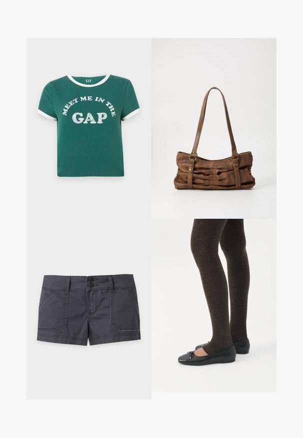 T-shirt en coton vert avec un col blanc et des accents de manches blancs. Présente "REJOINS-MOI DANS LE CREUX" en grosses lettres scintillantes sur le devant.; Shorts décontractés gris foncé avec fermeture à double bouton, passants de ceinture, poches avant et coutures apparentes sur un fond clair uni.; Jambes portant des leggings côtelés foncés associés à des ballerines noires avec de petits détails en nœud sur fond blanc.; Even&Odd by Zalando Sac à main - brown