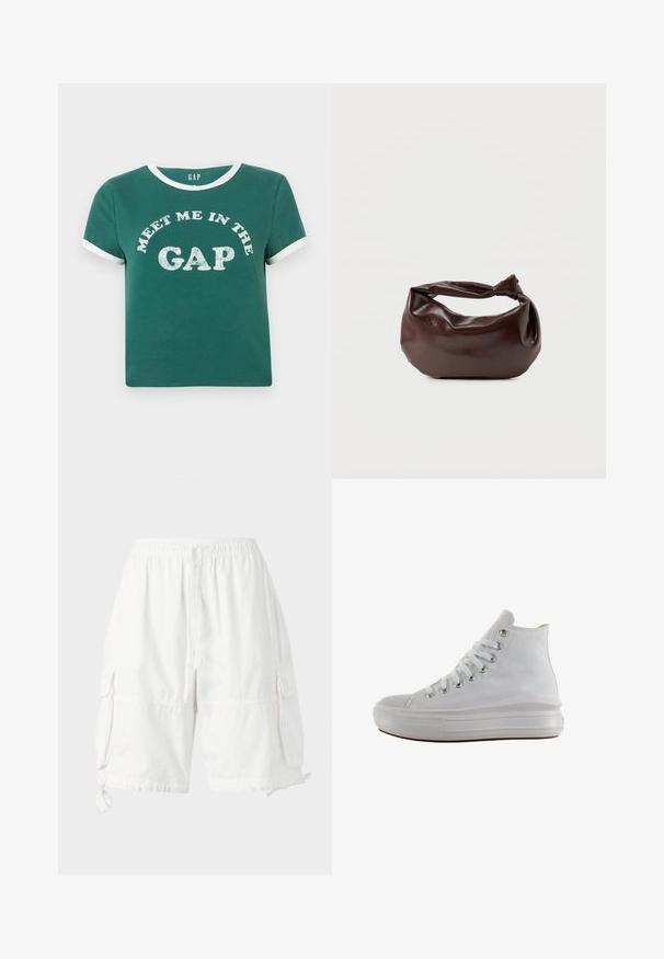 T-shirt en coton vert avec un col blanc et des accents de manches blancs. Présente "REJOINS-MOI DANS LE CREUX" en grosses lettres scintillantes sur le devant.; Chino shorts blancs avec une taille élastique et un cordon de serrage, dotés de deux poches latérales et de liens ajustables à l'ourlet. Fabriqués en tissu léger.; Baskets montantes en toile blanche avec lacets blancs, œillets métalliques, semelle épaisse en caoutchouc et bout texturé, orientées vers la gauche sur fond blanc.; Sac bandoulière en cuir marron foncé avec une forme souple et décontractée et une anse nouée torsadée sur un fond blanc uni.